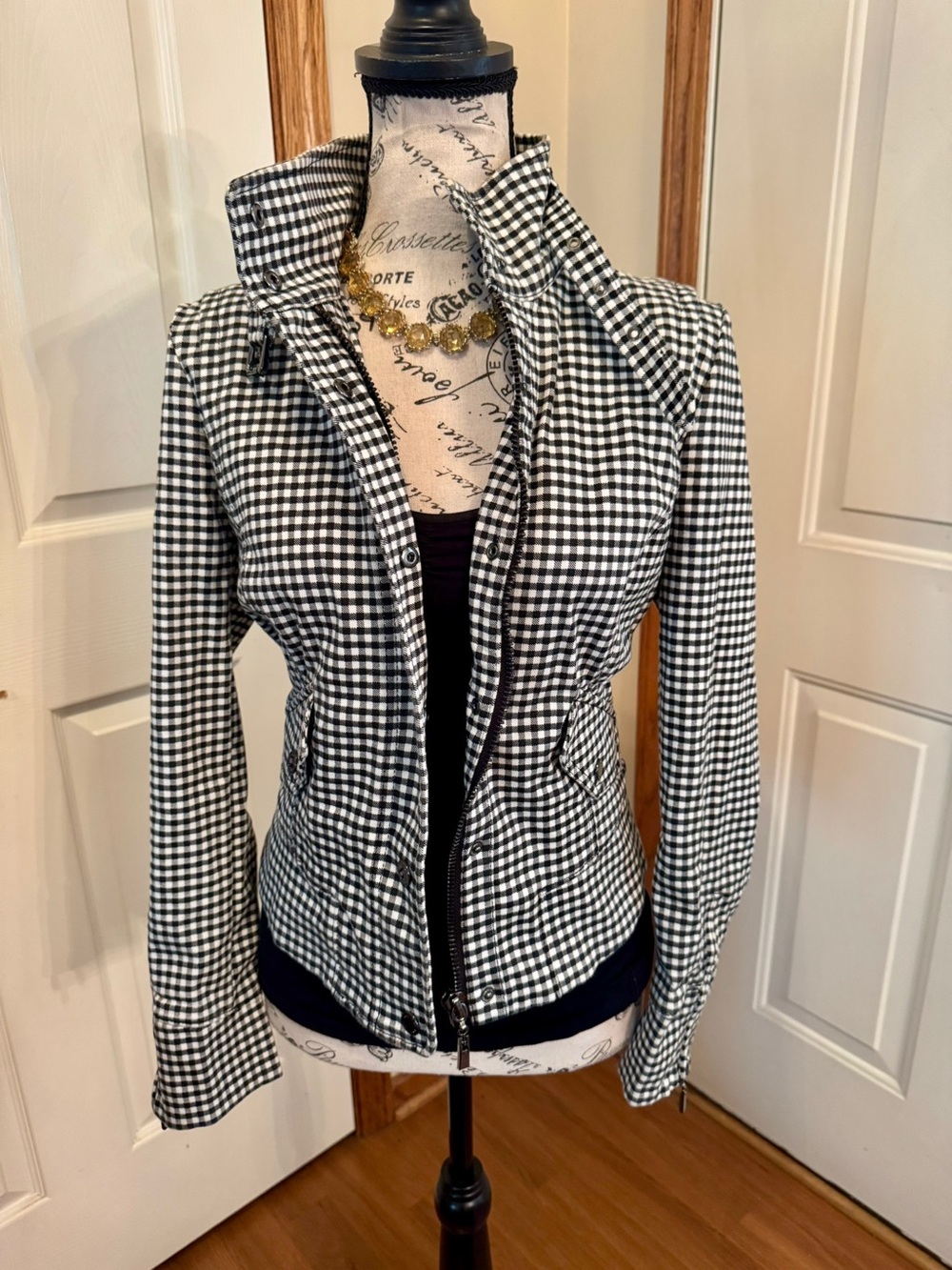 White House Black Market Black & White Gingham Zip Bomber Jacket